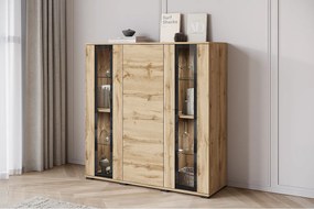Nowoczesny highboard 120 cm z LED – wysoka witryna do salonu z przeszkleniami dąb wotan