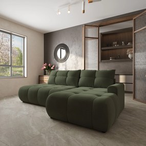 Masseno Narożnik FLUMA z funkcją spania i pojemnikiem na pościel Narozniki L, Rozkładana sofa - Oliwkowy, CASTEL 39