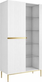 Witryna Nicole 100 cm z ryflowanym frontem - biały mat / złote nóżki