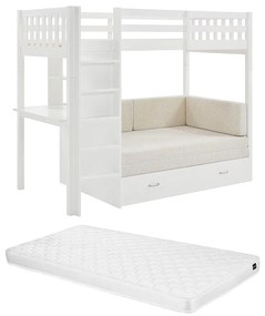 Łóżko antresola 90 x 190 cm z rozkładaną kanapą - Drewno sosnowe i MDF - Biały + Materac - ORPELIA