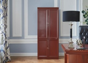 Klasyczna szafa biurowa fornirowana, wewnątrz regulowane półki. Wymiary szafy 80x40x200 cm. Fronty wykończone płyciną, drzwi zamykane na kluczyk, podwyższony cokół i gzyms z frezowaniem.