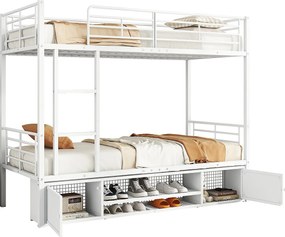 Łóżko piętrowe 90x200 cm - z półkami na buty - biały metal - bez materaca