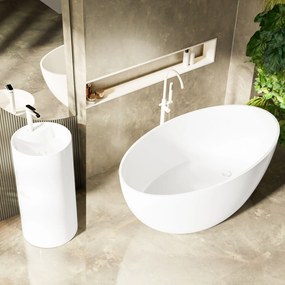 Umywalka z konglomeratu wolnostojąca okrągła biała matowa 87 x 44 cm KALMI WHITE MATT z otworem na baterię : Podłączenie syfonu - Do podłogi