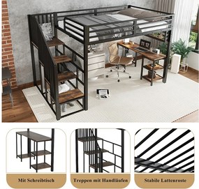 Łóżko piętrowe żelazne - 120 x 200 cm - ze schodkami do przechowywania + biurko i półka - żelazo + płyta wiórowa - czarne