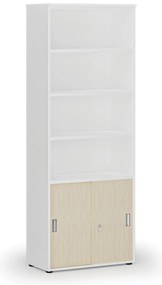 Szafa biurowa kombinowana PRIMO WHITE, drzwi przesuwne na 2 poziomach, 800 x 420 x 2128 mm, biały/brzoza