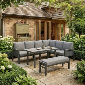 Zestaw mebli ogrodowych 8-osobowy - narożnik + stolik kawowy + ławka - pleciona lina polietylenowa - metal - szary