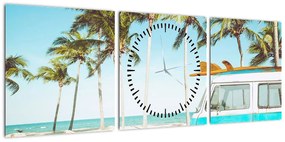 Obraz - Vintage van na plaży (z zegarem) (90x30 cm)