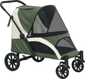 PawHut Składany Wózek dla Psów, Buggy dla Dużych Psów z 4 Kołami, Pasami Bezpieczeństwa, Hamulcami, Ciemnozielony