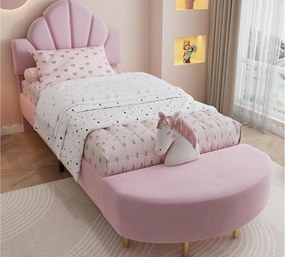 łóżko dziecięce 90x200 cm - z ławką w nogach łóżka - z stelażem lamelowym - Welur + sklejka - Różowy (bez materaca)