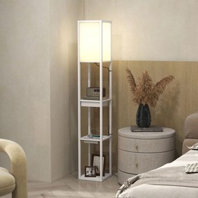 HOMCOM Lampa stojąca z 3-poziomowym regałem, przełącznik nożny, porty USB, MDF, Biała | Aosom PL