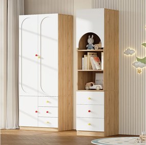 Zestaw szafa + półka - szafa 2 drzwi + półka - duże miejsce do przechowywania - ceramiczne uchwyty - biały + naturalny