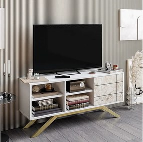 Stojak pod TV – 130 cm – Biały i Złoty – Melamina