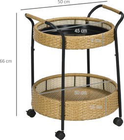 Outsunny Wózek Serwisowy na Zewnątrz, 2 Półki, Hamulce, Polirattan, Konstrukcja ze Stali, Φ50 x 66 cm, Żółty