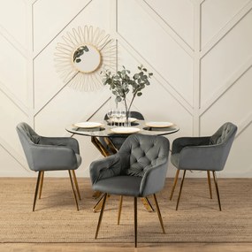 Zestaw Stół Okrągły SALLO 110 cm i 4 Krzesła Tapicerowane RAYA Szare Glamour