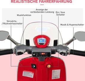 Motocykl dla dzieci HOMCOM z muzyką MP3 marki VESPA czerwony