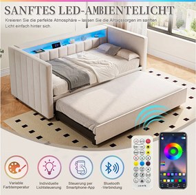 Rozkładana sofa - 90/180 x 190 cm - z portem USB, oświetleniem LED i schowkiem - aksamitna - beżowa