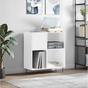 Biały błyszczący mebel na płyty winylowe 84,5x38x89 cm z drewna inżynieryjnego z metalowymi nogami i mocowaniem ściennym