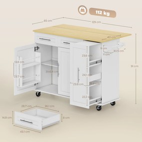 HOMCOM Mobilna wyspa kuchenna, rozszerzalny blat, drzwi szafki, szuflady, uchwyt na ręcznik, wózek kuchenny z MDF, biały | Aosom PL