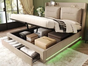Łóżko z tapicerowanym welurem - 160x200 cm - 2 szuflady na końcu łóżka - wbudowana taśma LED w nogach łóżka - Beżowe (bez materaca)