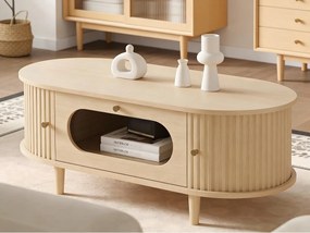 Stolik kawowy z imitacją drewna 100x50x36 cm - 1 szuflada i 2 drzwi przesuwne - MDF - Naturalny