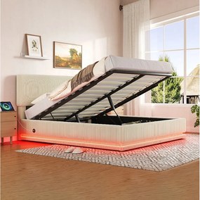 Łóżko tapicerowane hydrauliczne ze schowkiem - 140 x 200 cm - z diodami LED + USB + regulowany zagłówek - welur - beż