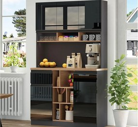 Nowoczesny bufet kuchenny 105×45×185 cm - 5 drzwi - regulowane półki - otwarte przechowywanie - czarny i naturalny