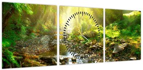 Obraz rzeki w zielonym lesie (z zegarem) (90x30 cm)