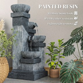 Outsunny 85 cm Zewnętrzna Fontanna, Czteropoziomowa Dekoracyjna Fontanna, Sztuczny Wodospad z Oświetleniem LED i Pompą, Szara