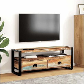 Vintage szafka RTV z litego drewna z recyklingu, wielokolorowa z LED, 2 szuflady i półka, solidna stalowa konstrukcja, ręcznie wykonana