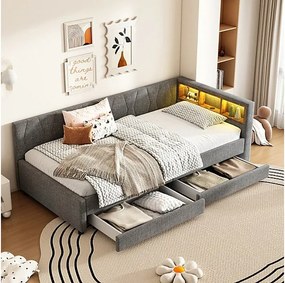 Kanapa z funkcją spania 90 x 200 cm z szarego lnu, pufa łóżkowa z pojemnikiem, 2 szuflady, LED i USB + typ C