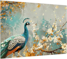 Obraz na szkle - Paw ze złotą dekoracją (70x50 cm)