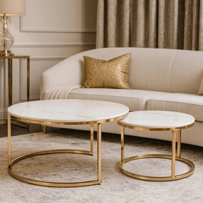 Zestaw Stolików Kawowych MILANO 60 cm/80 cm Biały Marmur/Złoty Glamour