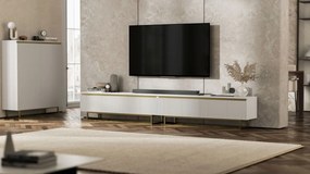Podwójna szafka pod telewizor Selene 280 cm, biała na złotych płozach