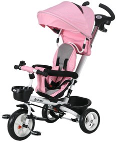 HOMCOM 6-w-1 Dziecięce Trójkołowiec z Rączką do Pchania, Daszek, Pas bezpieczeństwa, Koszyk, 18+ Miesięcy, Różowy