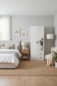 Biała minimalistyczna szafa z szufladami i lustrem E8-P73