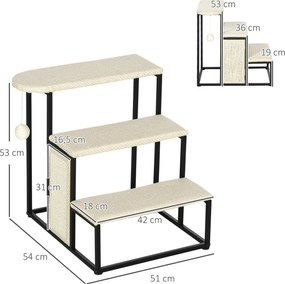 PawHut Schodki dla Kota z Drapakiem, 3 Stopnie, Kula do Zabawy, Solidne, Stal+Sizal, Kremowy+Czarny, 51 x 54 x 53cm