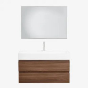 Zestaw Wiszących Mebli Łazienkowych Z Drewna I Forniru Jesionowego Zintegrowany Z Umywalką Ona Prostokątna Lampa Led I Przeciwmgielna 100x70 Cm Riben