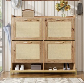 Kompaktowa 4-drzwiowa szafka na buty wykonana z drewna i rattanu - z półką - metalowa rama - do przedpokoju, korytarza lub małej przestrzeni