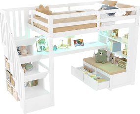 Łóżko mezzanine dla dzieci 90x200 cm - z biurkiem i półką - 2 szuflady - schody do przechowywania - białe (bez materaca)