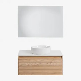 Zestaw Wiszących Mebli Łazienkowych Z Drewna Jesionowego Tedrik Popielaty Brąz & Okrągły Ceramiczny Biały - Sklum