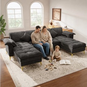 Modułowa sofa narożna U/L 6-osobowa z 2 pufami ze schowkiem i konsolą centralną USB/Type-C - Chenille - 316 x 140 x 84,5 cm - Szara