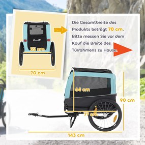 PawHut Składana przyczepka rowerowa z odblaskami, smyczą, dla średnich psów do 20 kg, 143 x 70 x 90 cm, jasnoniebieska | Aosom PL