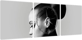 Obraz - Profil pięknej kobiety (z zegarem) (90x30 cm)