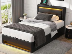 Łóżko z pojemnikiem 90x200 cm z ekoskóry z LED - z portami ładowania (przewodowym i bezprzewodowym) - Czarny