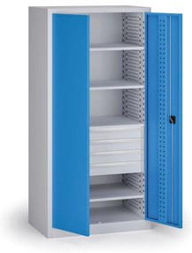 Szafa warsztatowa na narzędzia KOVOS, 4 półki, 4 szuflady, perforowana, 950 x 600 x 1950 mm, niebieski