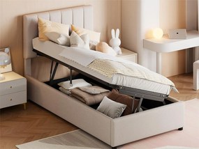 Łóżko ze schowkiem 90 x 200 cm, tkanina lniana, kolor beżowy