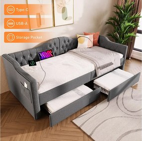 Łóżko tapicerowane 90 x 200 cm z ładowaniem USB typu C i 2 szufladami, sofa rozkładana - Tkanina lniana - Szary