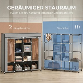 HOMCOM Szafa materiałowa, drzwi, 2 drążki na ubrania, 10 przegródek, szara | Aosom PL