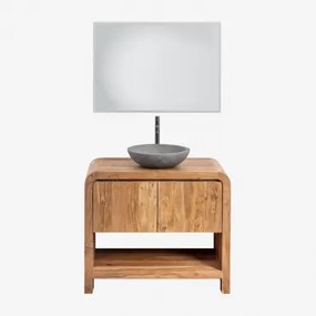 Zestaw Mebli Łazienkowych Z Drewna Vacry Akacja Brąz & Okrągły Szary Cement Ø40 Cm Tarsis & Prostokątna Lampa Led - Sklum