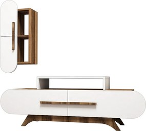 Nowoczesna szafka RTV – 145 cm – orzech i biel – płyta wiórowa pokryta melaminą